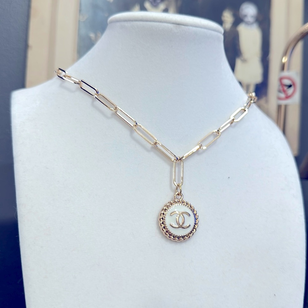 Repurposed White & Gold  Enamel Channel Pendant Charm Necklace